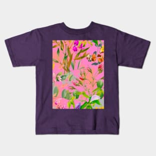Cool tropical floral leaves botanical illustration, tropical plants, leaves and flowers, pink leaves pattern Kids T-Shirt